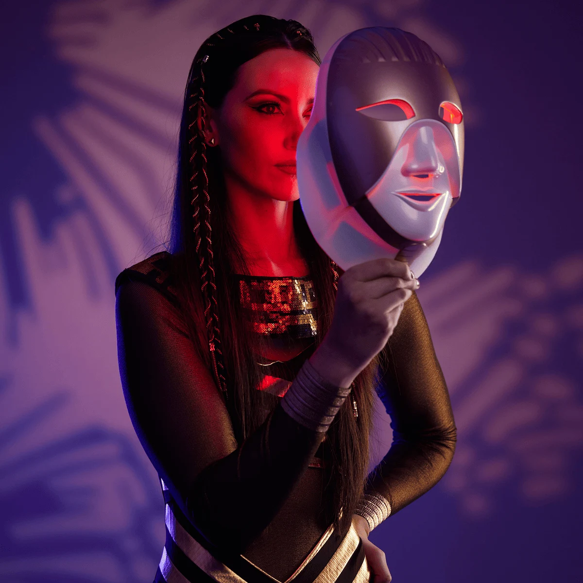 Buudy 7 Colour LED Face Mask worn at home in red light therapy mode for anti-ageing in the UK