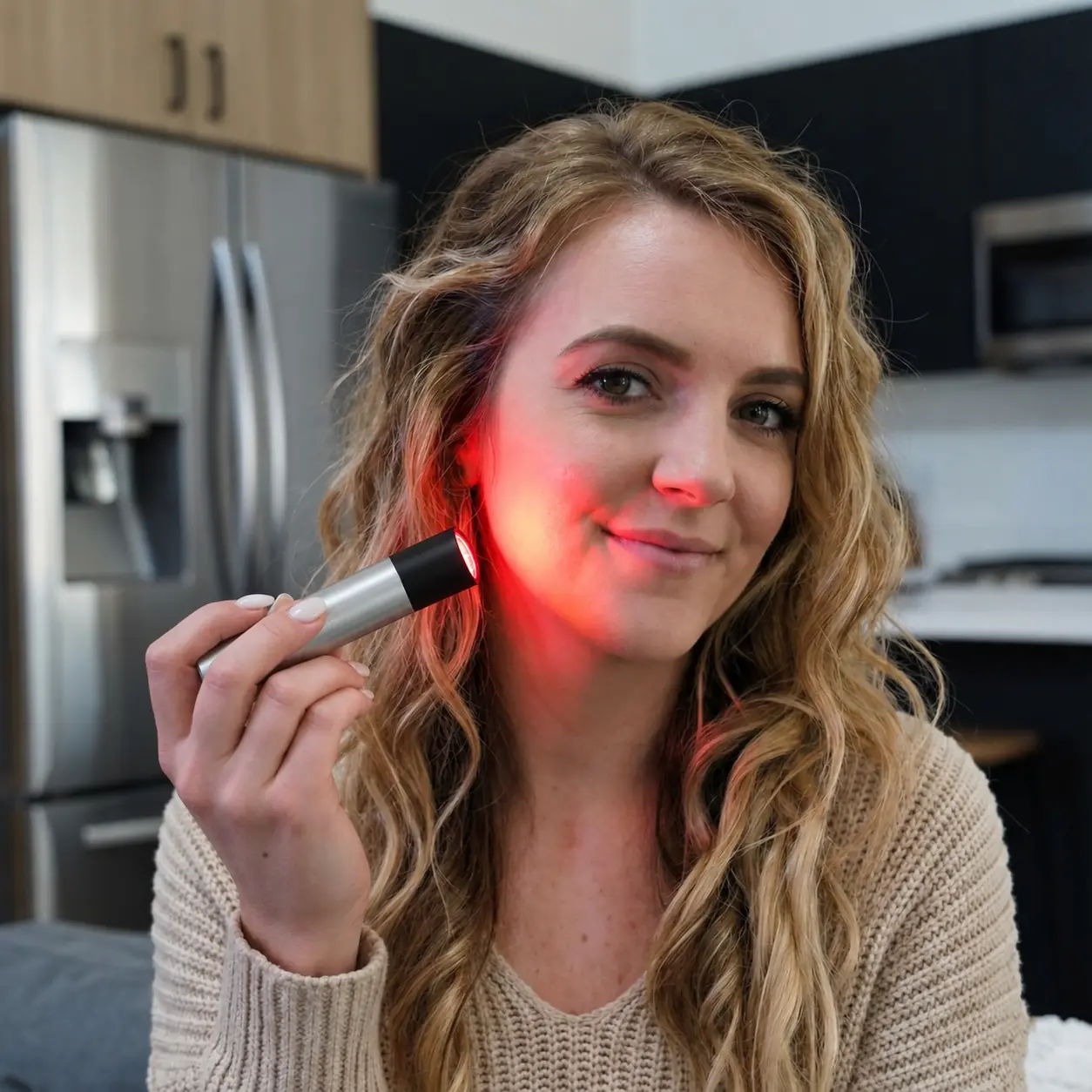 Buudy LED Torch held by a woman applying targeted 630nm and 660nm red light to her cheek for facial skin rejuvenation and collagen stimulation